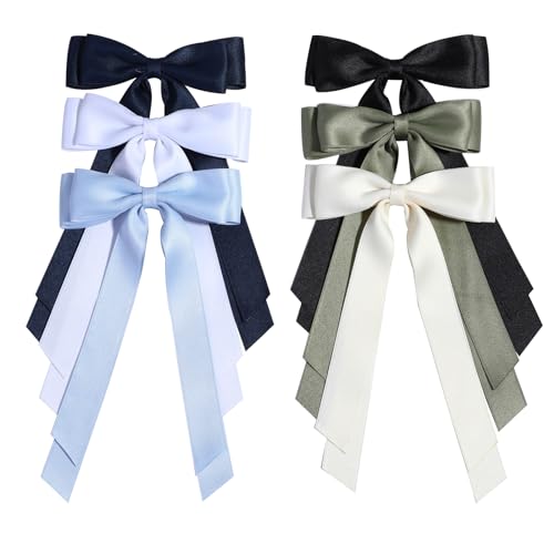 Satin Bow Hair Clips for Women, Silkly Satin Hair Ribbon Bow with Long Tail Hair Accessories for Girls (Black White Beige Navy Green Blue)