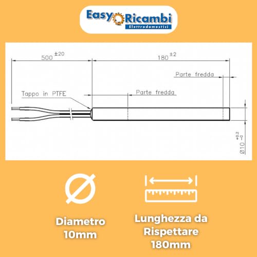 Easyricambi - Zündkerze für Pelletofen 320 W, lineares Modell Durchmesser 10 mm und Länge 180 mm, Widerstand für schnelles Erhitzen, Ersatz für viele Kamine Montegrappa und andere Modelle