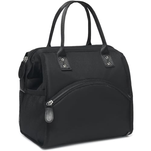 FlowFly Insulated Lunch Bag for Women, Men, Large and Reusable, Handle, Work and Travel Tote and Meal Prep Organizer, Black