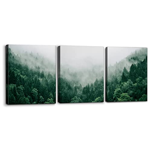 Pacimo Canvas Print Wall Art Set Talking With The Fog Aerial View Of Pine Trees In Mist Realism Pictures Print On Canvas Rustic Scenic Modern Artwork Stretch Framed Ready To Hang - 12"X16"X3 Panel #TOP9