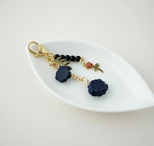 Joiigaem Rose Keychain Charm with Tassel Chain with Colorful Flowers and Beads (Navy)