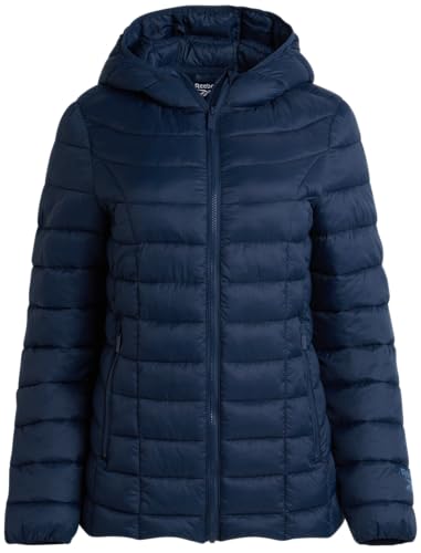 Reebok Womens Puffer Jacket - Lightweight Quilted Snow Glacier Shield Zip Up Bubble Winter Coat for Women with Hood & Pockets, Size Medium, Navy