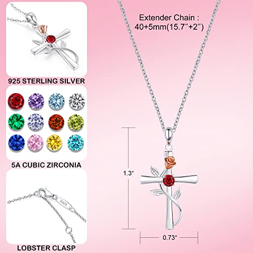 Cross Necklace for Women, 925 Sterling Silver Birthstone Necklace for Women with Rose Flower Birthstone Womens Jewelry Birthday Gifts for Wife Women4