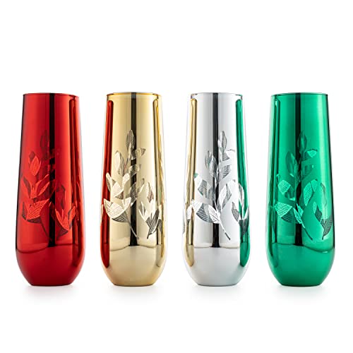 Multicolor 4-Piece Tree Stemless Wine & Water Glasses - Shining Red Green Yellow Silver, Perfect For Parties, Glass Trees Decor, Kitchen Home Decorations (Flutes) #TOP1