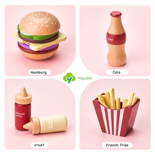 Toywoo Wooden Play Food for Kids Pretend Hamburger Set Fast Food ToyPlay Kitchen Accessories for Toddlers Toy Food Gift for Boys Girls Educational Toys