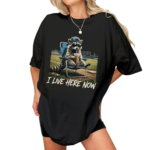 I Live Here Now Shirt for Mother's Day - Women Baseball Mom Shirts - Funny Baseball Tshirt for Touchdown Season - Feral Mama Raccoon Drink Iced Coffee T-Shirt for Game Day (Black‑L)