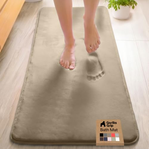Image of GORILLA GRIP Memory Foam Bath Mat, Soft Absorbent Velvet Bathroom Mats, Durable Dots on Underside, Machine Washable Bathmat, Carpet Rug Room Decor for Shower Tub Floor RV, 60x24 Rugs, Taupe