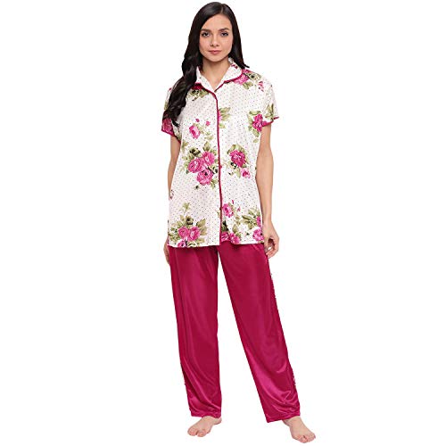 Image of Printed Night Suit for Women - Flower Print Satin Shirt and Pyjama Set (Front Open Collar Night Suit)