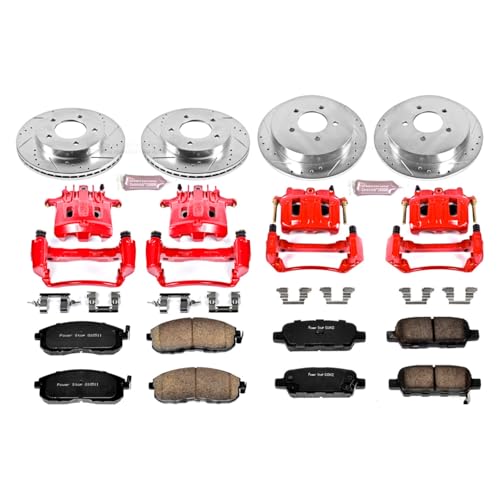 Image of PowerStop Front and Rear Brake & Caliper Kit for Nissan Altima 2002-06 - Carbon-Fiber Ceramic Brake Pads + Drilled & Slotted Rotors + Red Powder Coated Calipers, KC2283