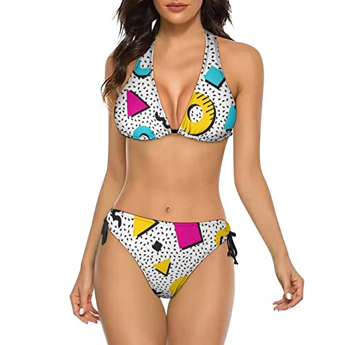 Delerain Women Two Piece Swimsuit Sexy Halter 80s 90s Geometric Bikini Sets Triangle Swimwear Bathing Suit