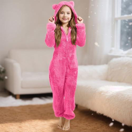 Fleece Onesie for Kids Zip Up Onesies with Hood Winter Warm Fleece Pyjamas Sleepsuits Soft Plain Fluffy Pjs Loungewear Nightwear Flannel Pyjamas for Girls Boys 2-13 Years (5-6 Years) Hot Pink