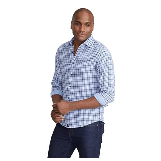 UNTUCKit Cotton Gauze Soligo Shirt - Untucked Shirt for Men, Long Sleeve, Light Blue Gingham, Small, Regular Fit