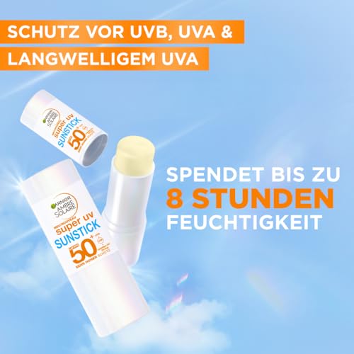 Garnier Ambre Solaire LSF 50+ Super UV Sunstick, transparent & nicht fettend, für Gesicht & Lippen, hoher UV-Schutz, pflegend mit Shea Butter & Vitamin E, 8h Feuchtigkeit, 9g