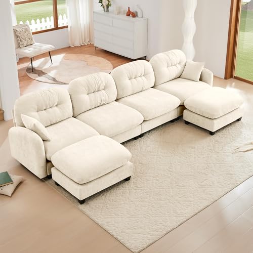 Image of KEIKI 140 inch U-Shaped Oversized Chenille Modular Sectional Sofa with 2 Ottoman, High-Density Foam Cushions, Tufted Pleated Cushion Backrest, Modern 4-Seater Couch with 2 Pillow, for Living Room, Beige