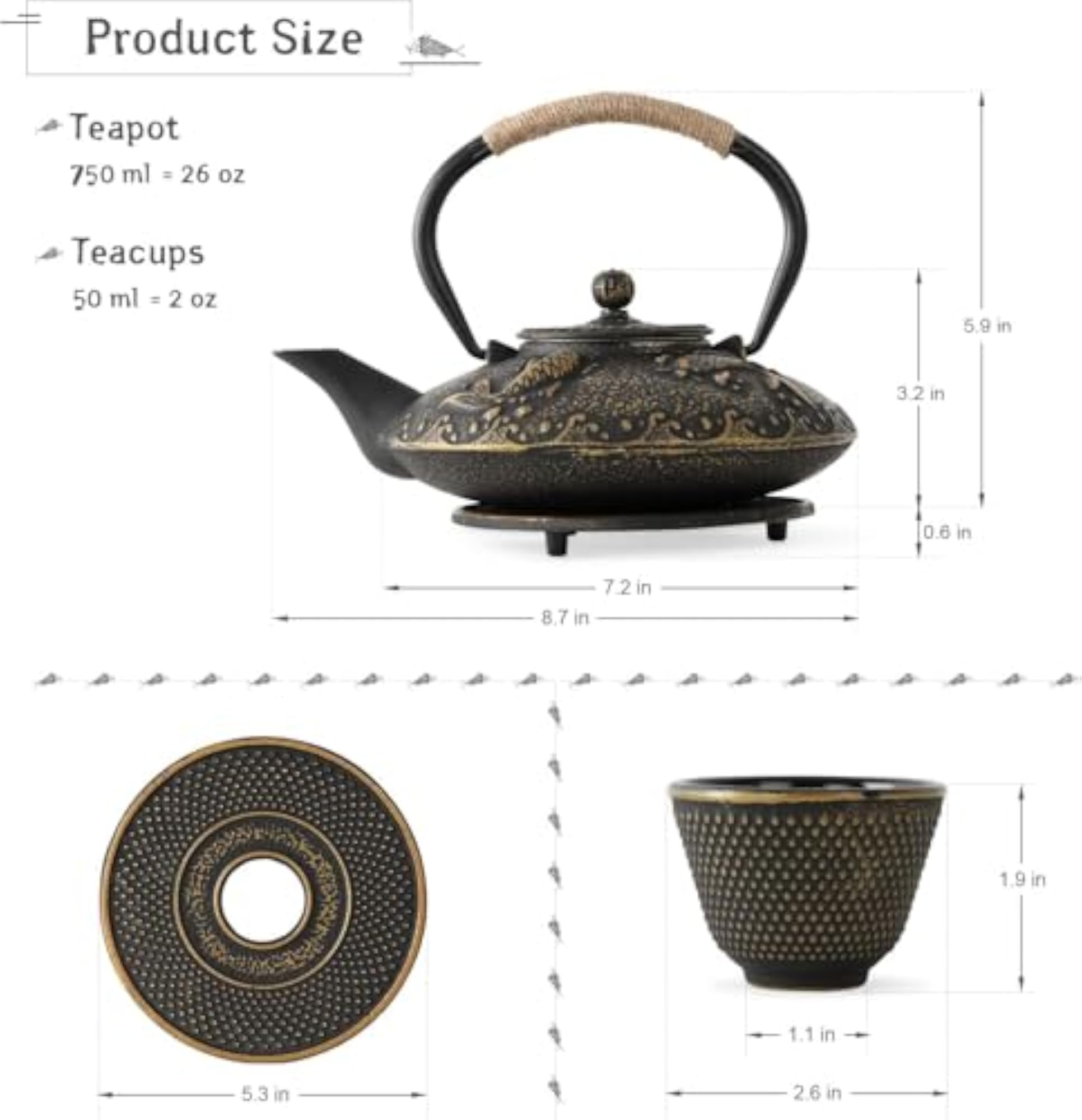 Japanese Style Cast Iron Teapot Set with 4 Cups