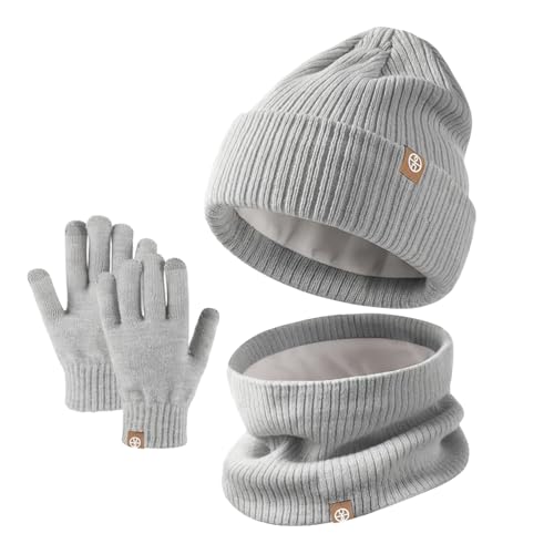 Image of Kids Winter Hat Scarf Gloves Set - Thermal Knitted Beanie with Soft Fleece Neck Warmer for Children Aged 2-8