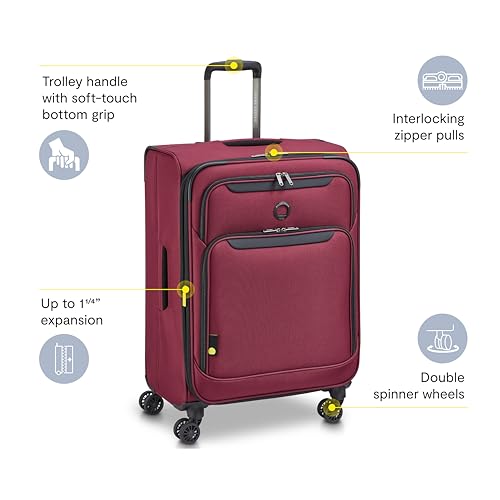 Image of DELSEY PARIS Sky Max 3.0 Checked Suitcase 24 Inch, Lightweight Softside Expandable Luggage, Spinner Wheels, Soft Touch Handle, Burgundy