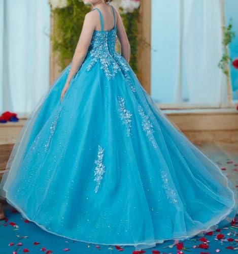 Sparkly Tulle Lace Appliques Flower Girl Dress Spaghetti Straps Pageant Dresses with Train Girls Ball Gown3