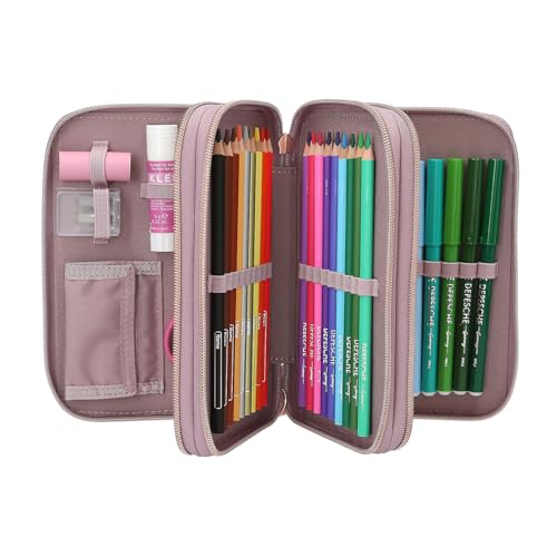 Depesche 13292 TOPModel Viva Violet - Gefüllte 3-Fach Federtasche in Lila, mit Model Motiv, Pferd und Glitzer, Federmappe mit Buntstiften, Lineal, Schere UVM.