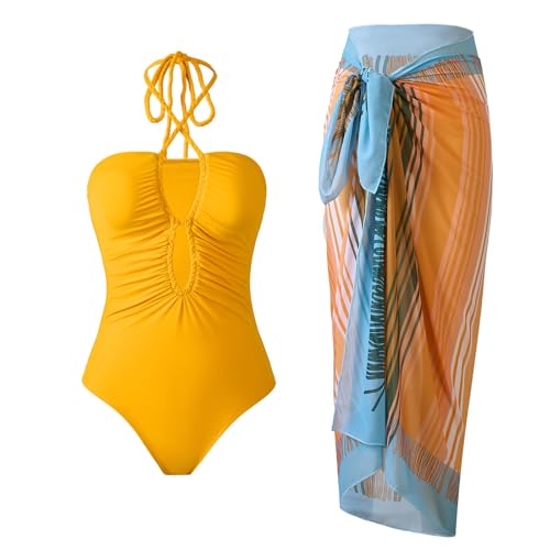 Image of AARAM Stylish Premium Women's One Piece Swimsuit with Cover Ups Wrap Skirt Sarong Retro Floral Print Monokini Tummy Control Swimwear, Printed Swimming Costume for Women Beach Wear