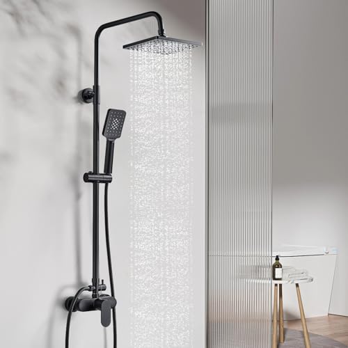 Rehomthy Shower Column with Black Mixer, Shower System with Rain Shower Head and Hand Shower, Adjustable Height Shower Column