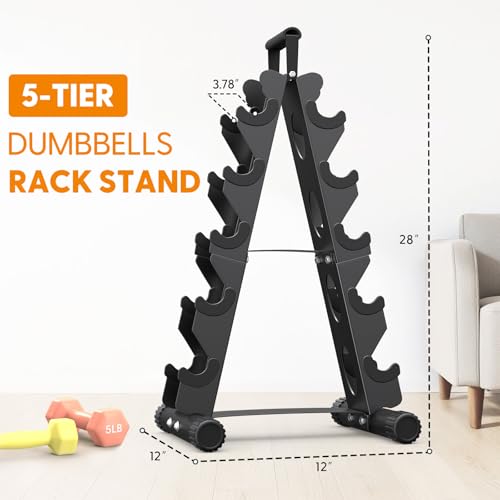 AmazeFan 5 Tier | 3-Tier Dumbbell Rack Stand Only, A-Frame Design Weight Rack with Handle, Weights Metal Strength Training Dumbbells Storage Rack for Home Gym Space Saver (Dumbells not Included) (Black, 5 Tier)