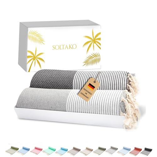 SOLTAKO Premium Hamamtuch Santorini 2er Set 100x200 cm, Anthrazit/Grau – Ansicht 1