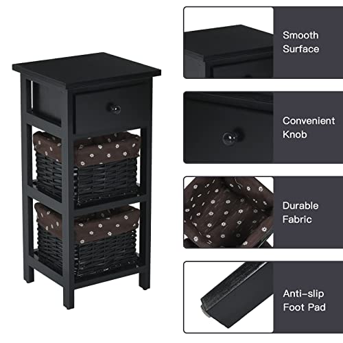 GIANTEX Nachttisch Nachtschrank, Nachtkommode mit Schublade & 2 Körben, Korbkommode Antik, Nachtkonsole Korbregal Massivholz, Beistellschrank Beistelltisch für Schlafzimmer (Schwarz)