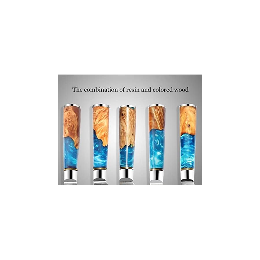 Kitchen Knife Sets, 9PCS Kitchen Knives Set Damascus Steel VG10 Chef Knife set Cleaver Paring Bread Knife Blue Resin and Color Wood Handle, MAYiT2855