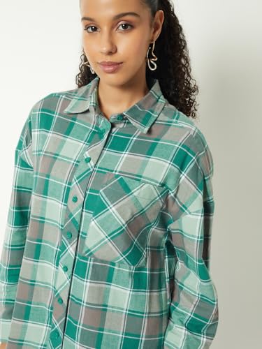 Women Checked Oversized Shirt (Green, L) - Image 3