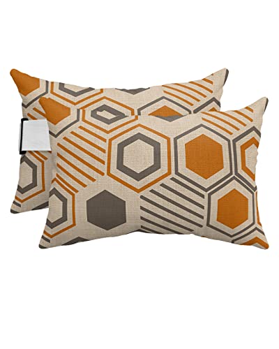 4 Packs Geometric Outdoor Chaise Longue Throw Pillow Covers Waterproof with Elastic Band,Beach Pool Lumbar Pillowcase Cushion Sham With Hidden Zipper,Modern Abstract Orange Grey Farmhouse Burlap 12x20
