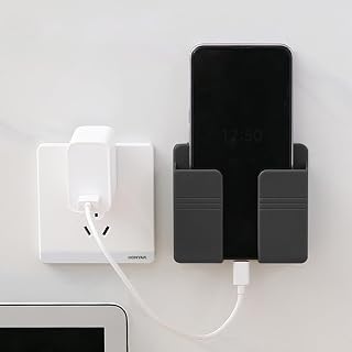 1 Pc Adhesive Wall - Mounted Phone Holder with Data Cable Hole & Storage Box: Ideal for Bedroom, Kitchen, Bathroom, Office(Dark-Gray)