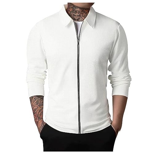 Mens Casual Cardigan Sweaters Lapel Collar Solid Color Long Sleeve Jackets Full Zipper Closure Button Up Pullover Top Shirts