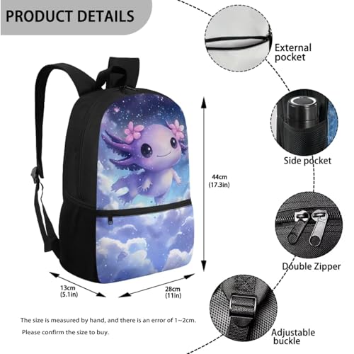Galaxy Axolotl Backpack for Girls Kids Backpack with Lunch Box Water Bottle Holder Large Pencil Case and Leather Bookmark 5 Pcs Set 17" Sturdy Elementary Bookbag with Front Pocket for School3