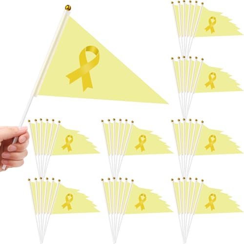 Remagr 50 Pcs Childhood Cancer Awareness Handheld Flags Mini Yellow Ribbon Flags with PVC Sticks for Gold Ribbon Awareness, Fundraising, Charity Events, and Advocacy Supplies