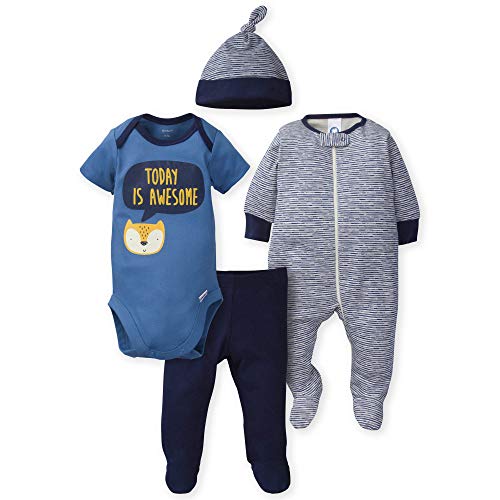 Gerber Baby Boys' 4-Piece Sleep 'N Play, Onesies, Pant and Cap, Awesome Fox, Newborn