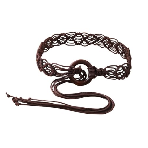 Brown Woven Belt with Ring Clasp Boho Beaded Braided Belt for Women Long Tassel Waist Belts Bohemian Rope Tie Belts for Dress