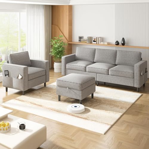 ADOWORE 2 Piece Sofa Set for Living Room-Sofa with Storage Ottoman and Armchair, Linen Fabric L Shaped Couch + Single Chair for Living Room, Apartment,Light Grey
