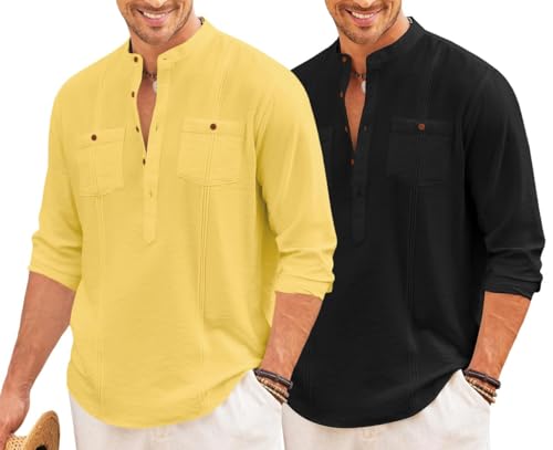 Image of Macsivo Combo of Men's Regular Fit Cotton Blend Solid Casual Short Kurta with Mandarin Collar and Pockets Kurta Pack of 2