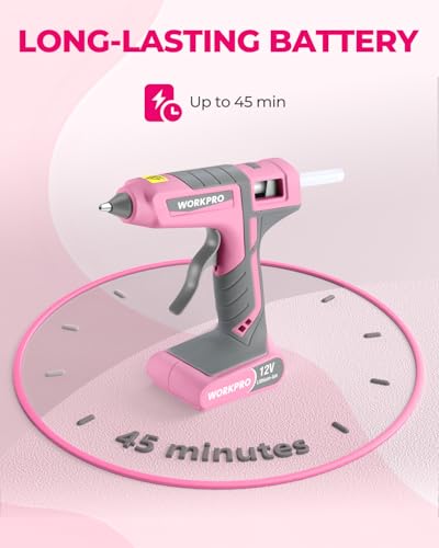 WORKPRO Full Size Cordless Hot Melt Glue Gun - 12V Rechargeable Fast Preheating Glue Gun Kit with 15pcs Full Size Glue Sticks, Auto Power-off Glue Gun for DIY Project, Art, Craft - Pink Ribbon - Image 3