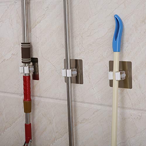 Image of Zollyss Self Adhesive Mop and Broom Holder Wall Mounted, Magic Sticker Broom Gripper for Bathroom, Kitchen & Utility Area, Silver, Pack of 2