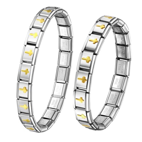 Pulsera italiana para parejas de acero inoxidable con cruz de 9 mm
