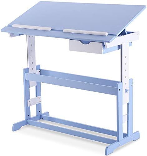 COSTWAY Drafting Study Desk, Height Adjustable Student Table with Storage Drawer, 3-Level Tilting Design Drawing Desktop, Multifunctional Children Reading Writing Tables for Boys Girls (Blue)