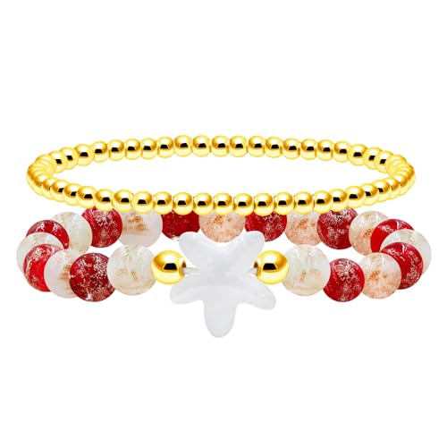 Image of 2 Christmas Couple Bracelets, Santa /Christmas Starfish /Christmas Tree Charm and 4mm Brass Beaded Stretch Bracelet for New Year Gifts for Family and Friends