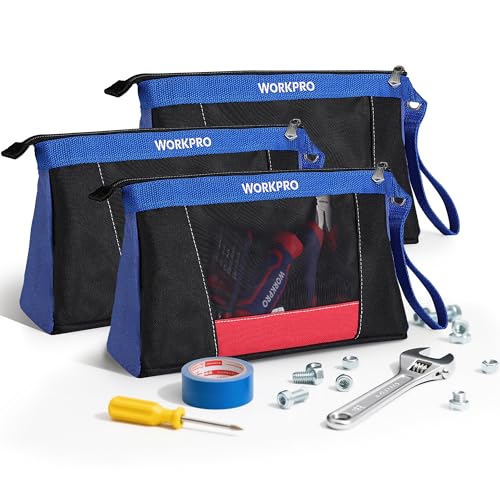 WORKPRO 12" Tool Pouches with Zipper, Heavy-Duty Small Tool Bag, Utility small tool pouch for Tool Organizers and Storage, Mini Tool Bag, 3 Pack