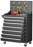 INTERGREAT 7 Drawers Rolling Tool Chest with Pegboard, Metal Tool Chest with Drawers, Tool Storage Cabinet with Wheels for Garage, Workshop, Repair Shop, Black