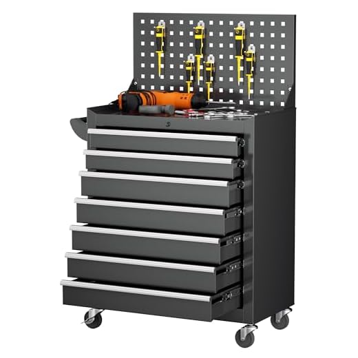 INTERGREAT 7 Drawers Rolling Tool Chest with Pegboard, Metal Tool Chest with Drawers, Tool Storage Cabinet with Wheels for Garage, Workshop, Repair Shop, Black
