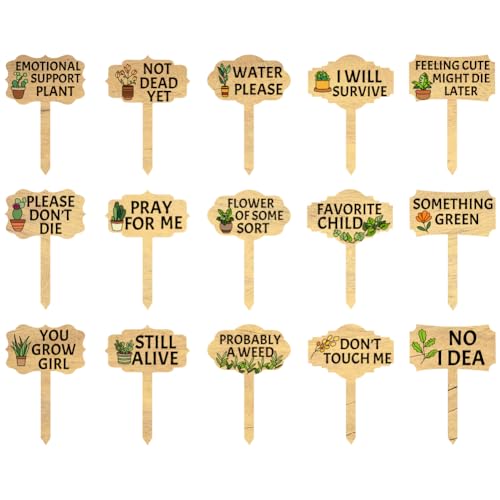 BEUNITONE Funny Wooden Plants Markers Wood Plants Labels Stake Funny Wooden Plants Decor Tags for Indoor Outdoor Garden Plants Home Decoration