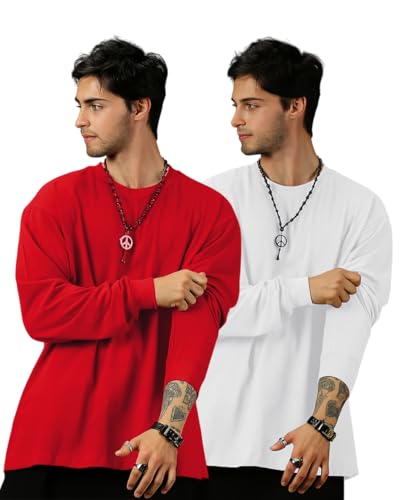 Image of Oversized Cotton Plain Full Sleeve Round Neck Combo T Shirt for Men Pack of 2
