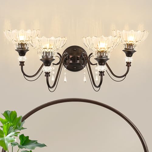 Image of Vintage Bathroom Vanity Light, 4-Light Oil Rubbed Bronze Finish Wall Sconce with Hanging Crystal Accents and Flower-Shaped Clear Glass Shades, Retro Wall Mount Vanity Light Over Mirror for Bathroom